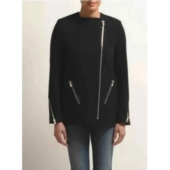 Maje Wool and Leather Moto Jacket Asymmetric Wool Blend Coat Stylized, Black, S - Picture 2 of 10